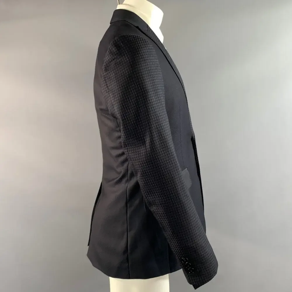 ETRO Chest Size 42 Black Navy Jacquard Wool Silk Peak Lapel Sport Coat